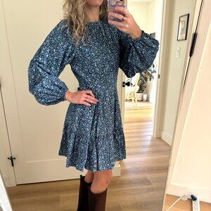 Chelsea28 Blue Floral Tiered Mini Dress Long Sleeve XS